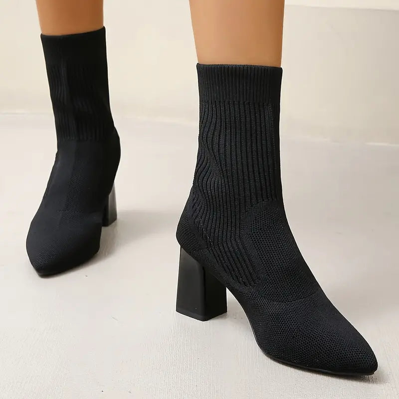 Women's Ankle Boots Knit Look Pointed Toe Block Heel