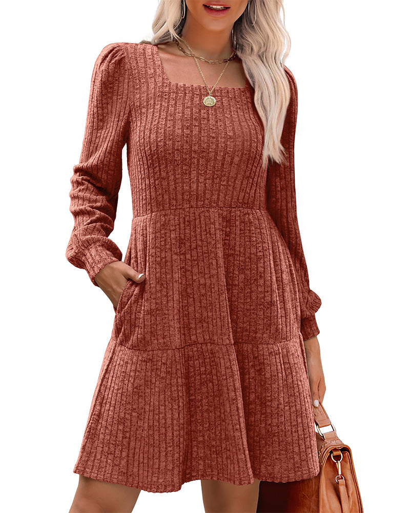 Women's Elegant Square Neck Ribbed Dress