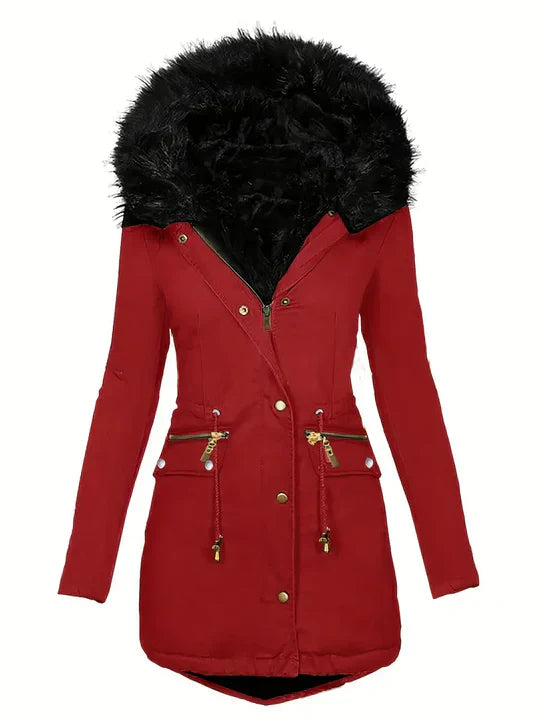 Winter parka coat with faux fur hood and drawstring