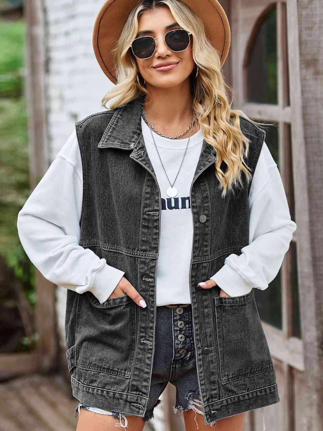 Sleeveless Button-Up Denim Jacket Trendy Design
