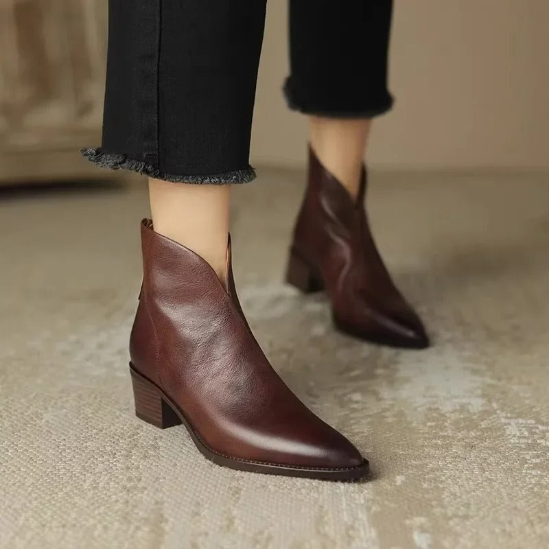 Elegant Leather Ankle Boots Pointed Toe Mid Heel Women's Shoes