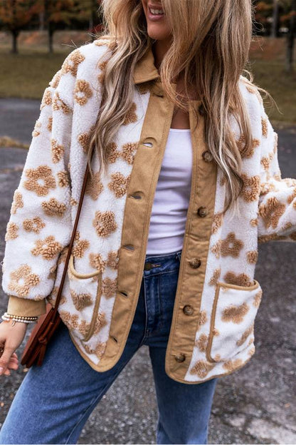 French Fleece Jacket Beige Floral Pattern Soft