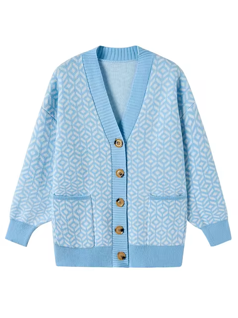 Stylish Knitted Cardigan Geometric Pattern Buttons