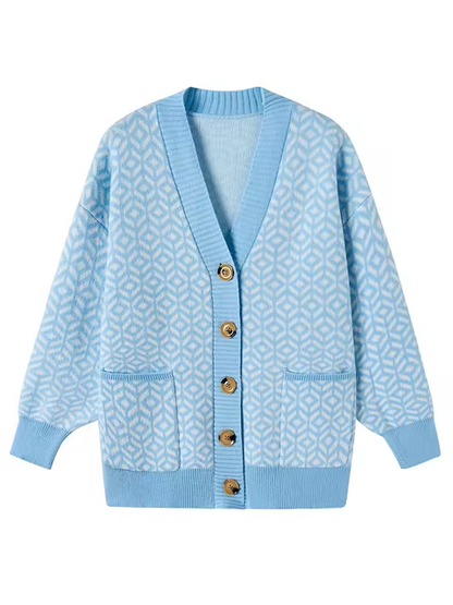 Stylish Knitted Cardigan Geometric Pattern Buttons