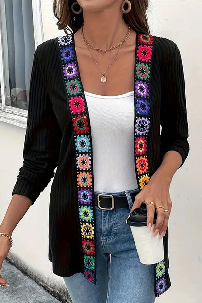 Boho Chic Strickjacke Blumenmuster Langärmlig - IdealeKleiden