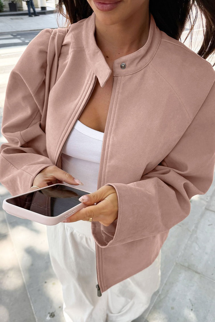Fashionable Leather Jacket Stand-up Collar Long-sleeved