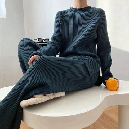 Women's Scarf Knitted Sweater with Wide Leg Trousers