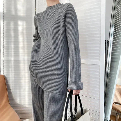 Women's Scarf Knitted Sweater with Wide Leg Trousers