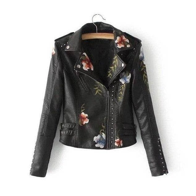 Women's Leather Jacket Floral Print Elegant