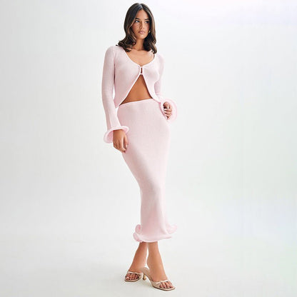 Knitted 2-piece set with wavy hem & short cardigan