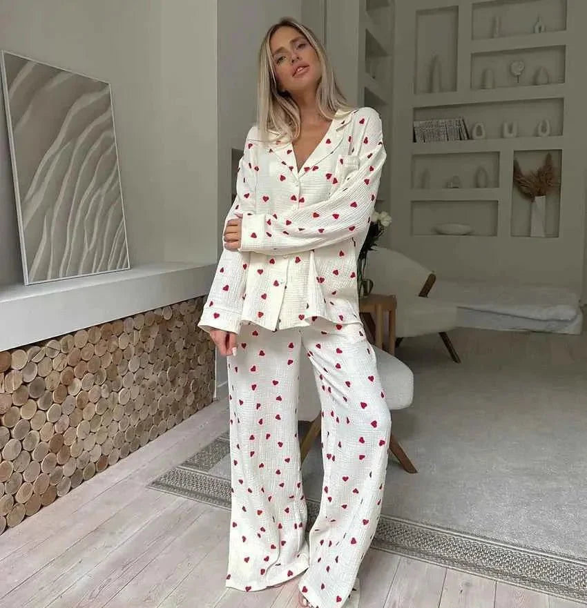 Damenschlafanzug Herzmuster Weite Bein Pyjama Set - IdealeKleiden