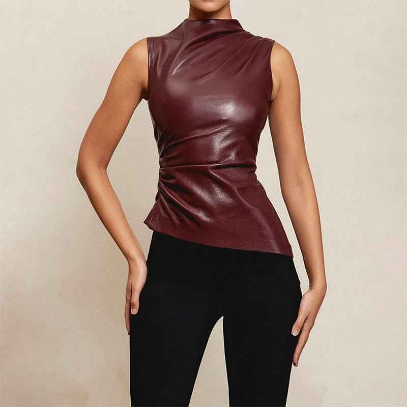 Ärmelloses Top Lederlook Stehkragen Asymmetrisch - IdealeKleiden