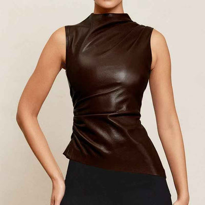 Sleeveless Top Leather Look Stand-Up Collar Asymmetric