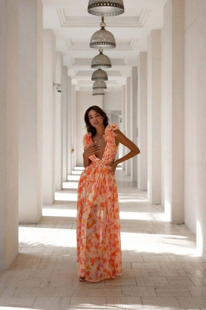 Summer Maxi Dress Floral Print Ruffles Neckline