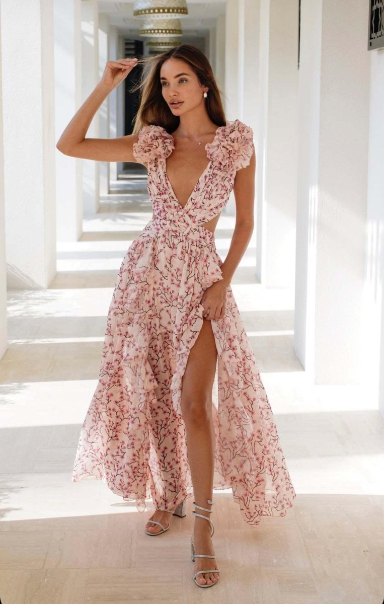 Sommer Maxikleid Blumenmuster Rüschen Dekolleté - IdealeKleiden