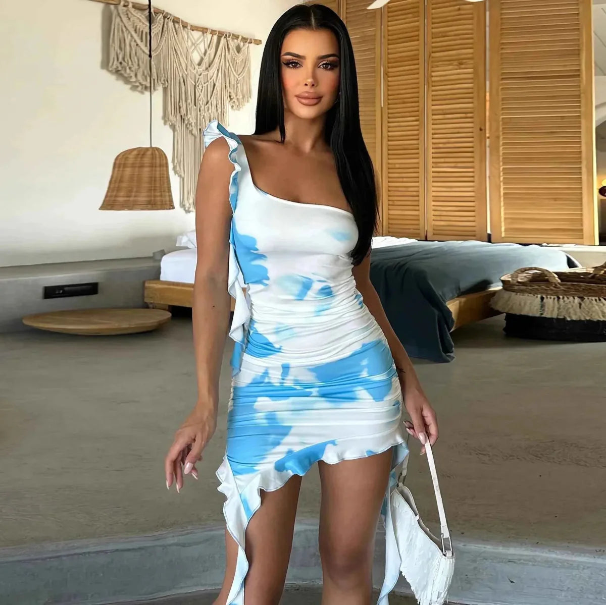 Short Ruffle Dress Asymmetrical Tie-Dye Design