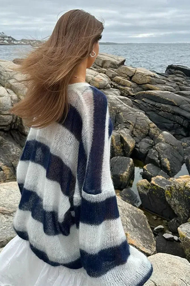 Gestreiftes Kleid V-Ausschnitt Locker Geschnürt Cardigan Pullover - IdealeKleiden