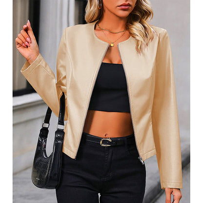 Women's Classic Round Neck Leather Jacket
