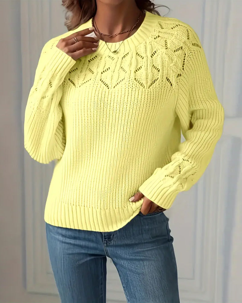 Elegant Dress Round Neck Long Sleeve Eyelet Embroidery