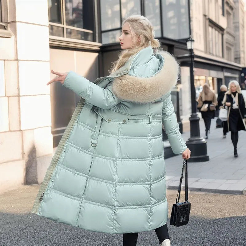 Women's Long Elegant Winter Coat with Fur Trim