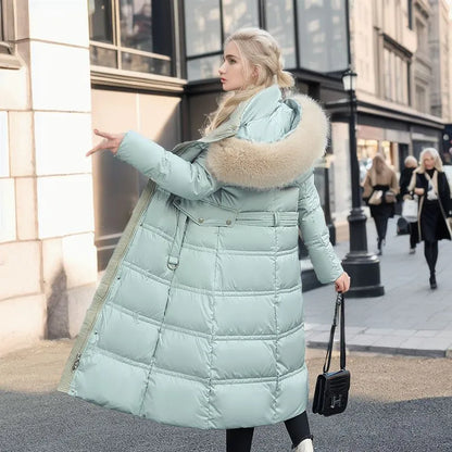 Women's Long Elegant Winter Coat with Fur Trim