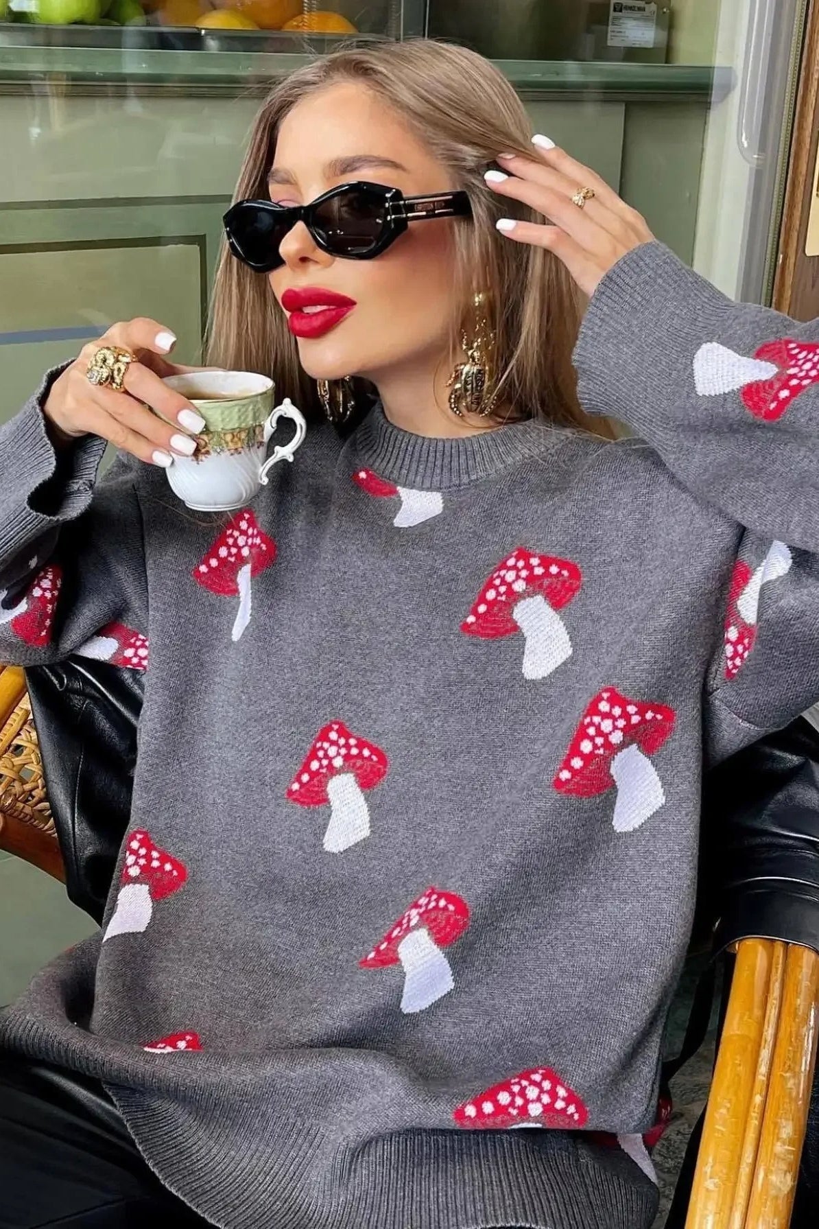 Winter Sweater Mushroom Pattern Jacquard