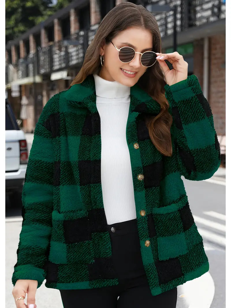 Women's Plaid Fleece Teddy Coat