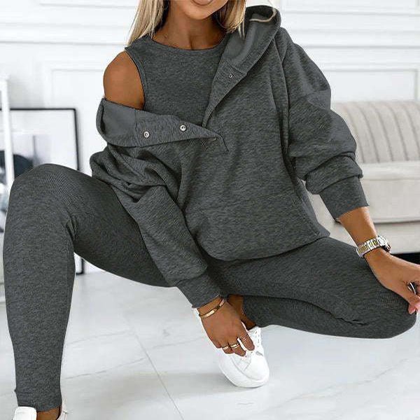 Damen Sportanzug 3-teilig Kapuzenpullover Slim Hose - IdealeKleiden