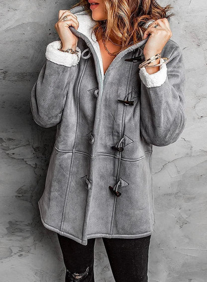 Women's Warm Winter Jacket with Hood and Buttons