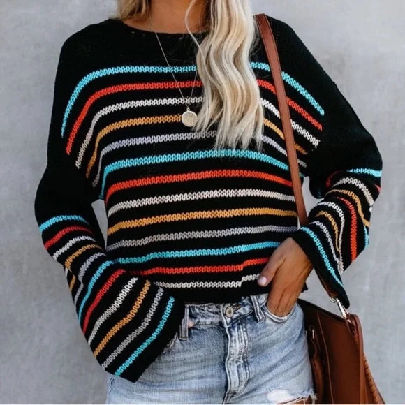 Fashionable Knitted V-Neck Striped Sweater