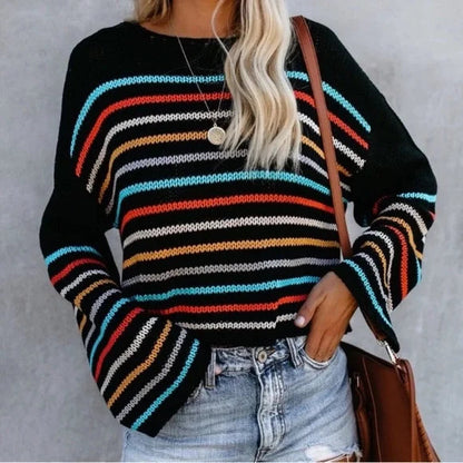 Fashionable Knitted V-Neck Striped Sweater