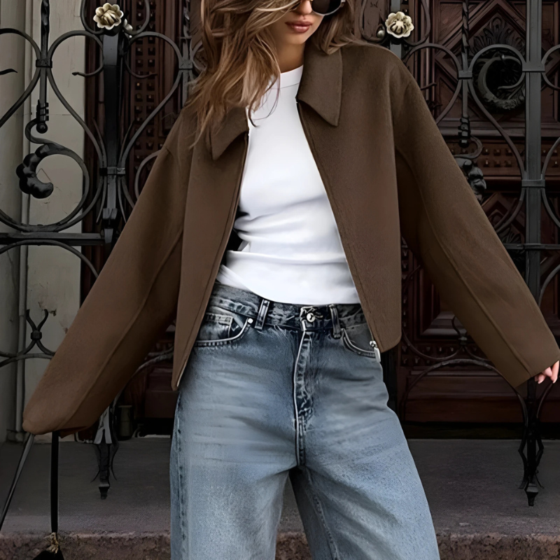 Damen Kurzjacke Boxy Style Spitzkragen Reißverschluss - IdealeKleiden