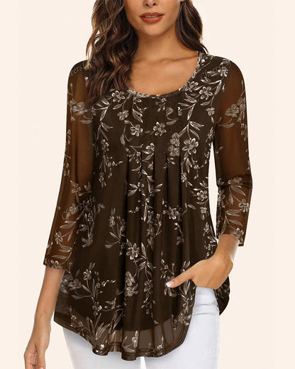 Summer Dress Round Neck Pleated Floral Print