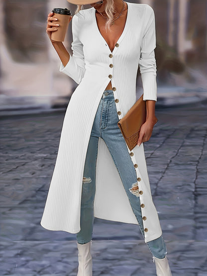 Women's Long Cardigan V-Neck Buttons Knee-Length