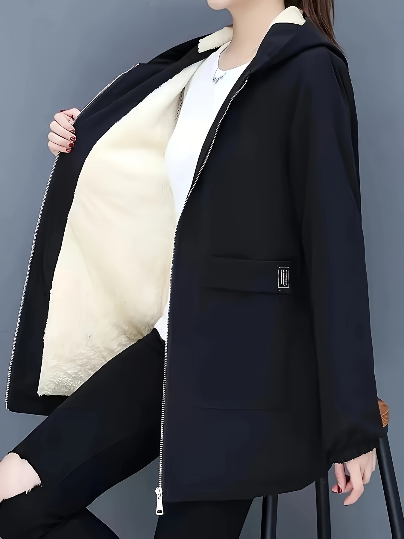 Warm fleece jacket with hood and zipper