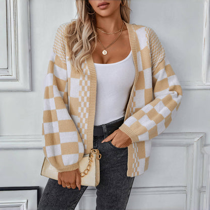 Women's Autumn Knitted Check Cardigan