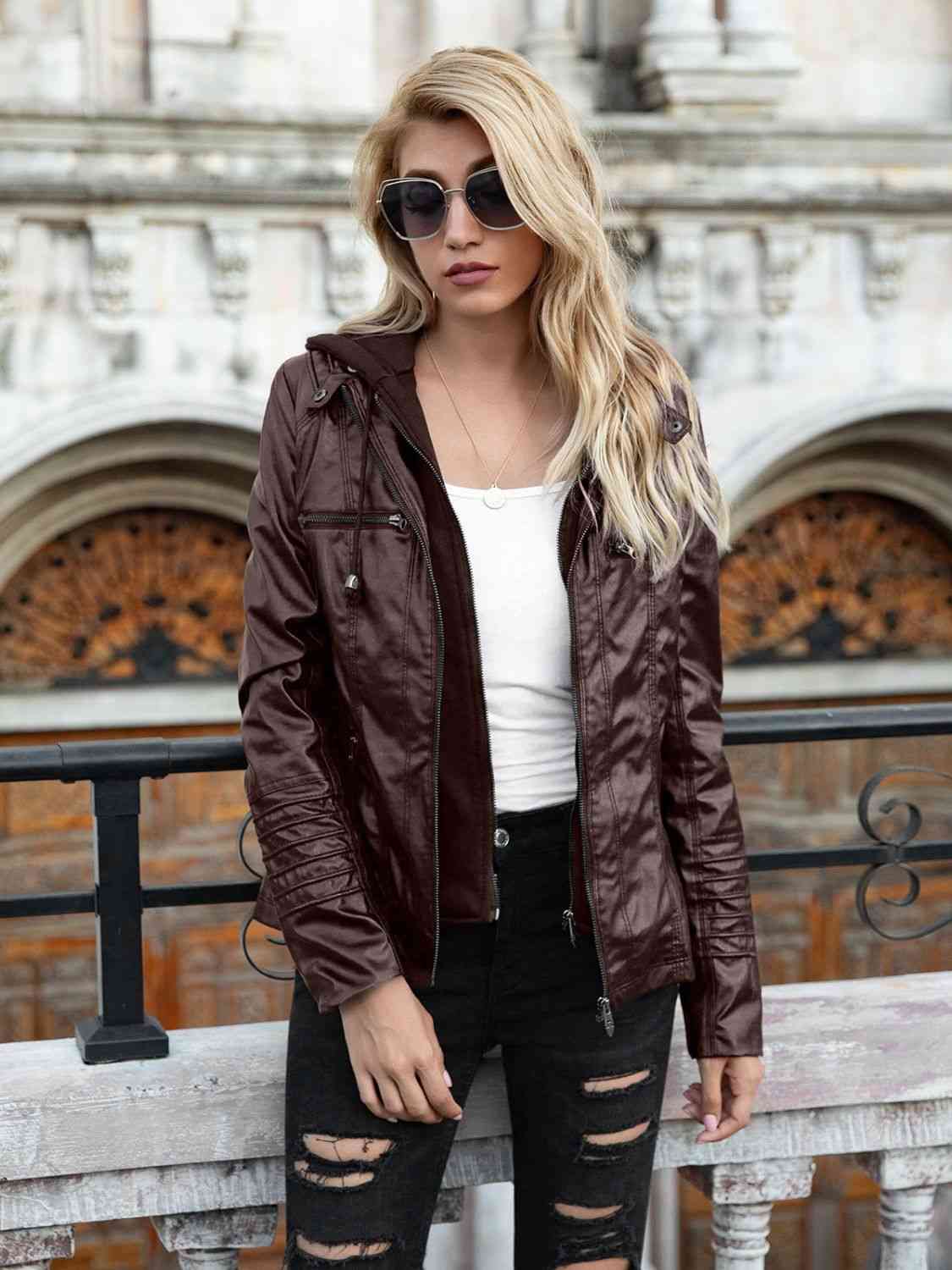 Stylish PU Leather Jacket with Hood