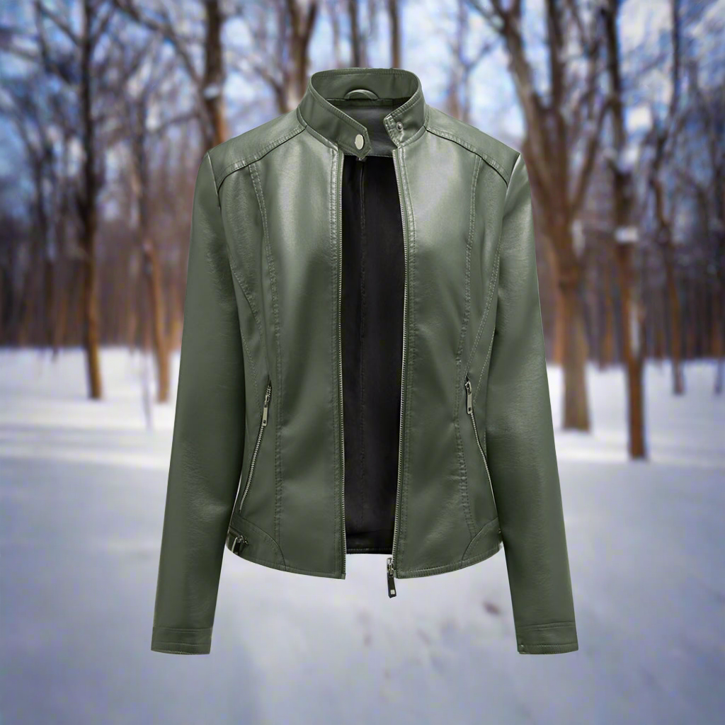 Leather jacket biker style zipper stand-up collar slim