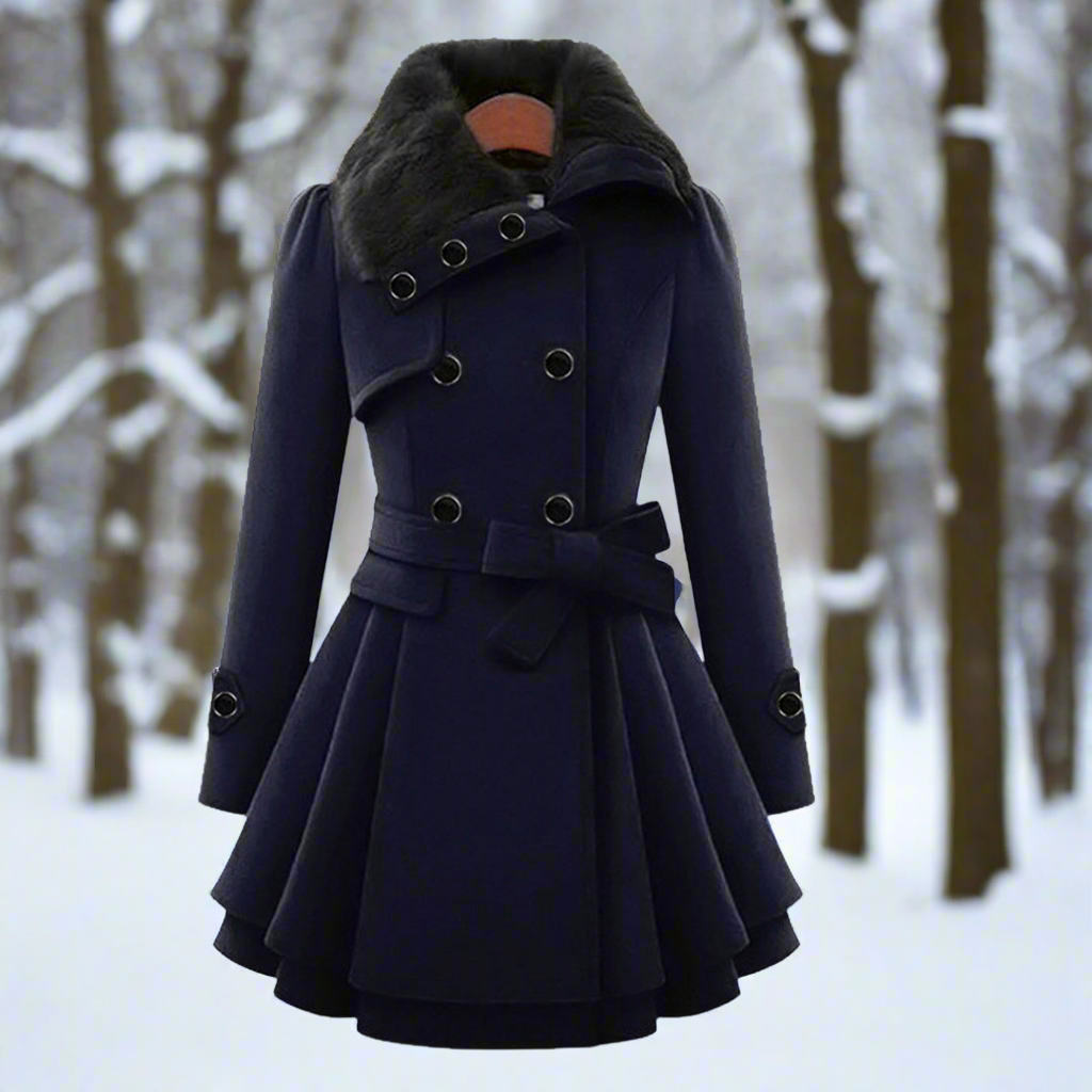 Women's Double-Breasted A-Line Coat with Waist Belt & Faux Fur