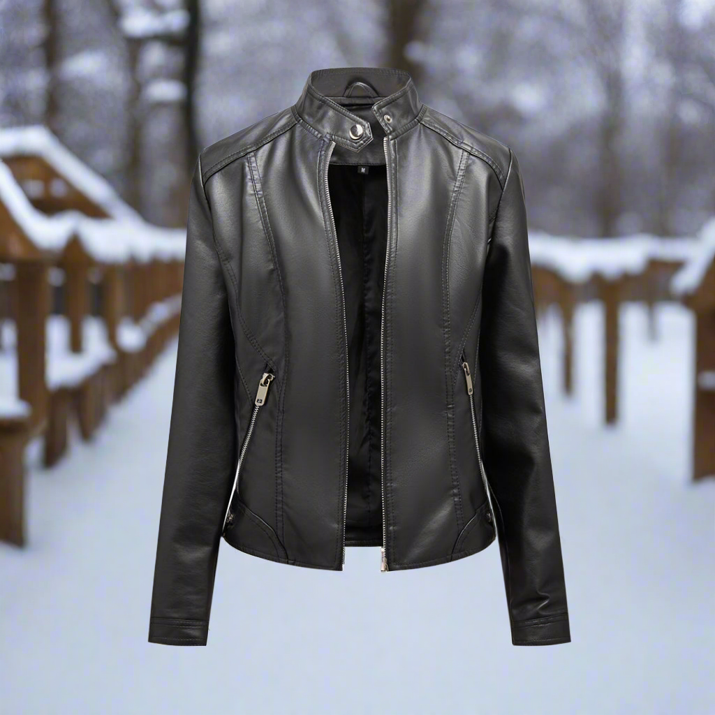 Leather jacket biker style zipper stand-up collar slim