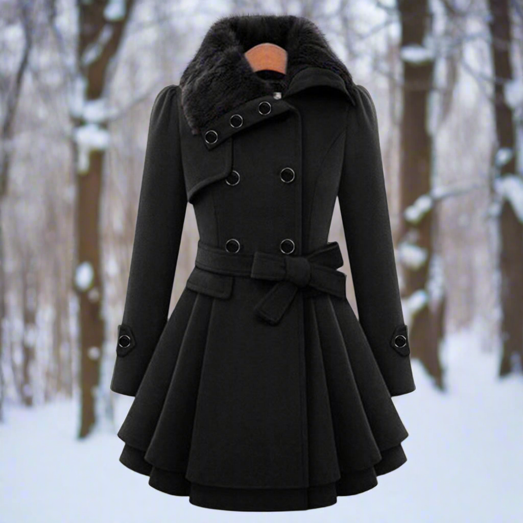 Women's Double-Breasted A-Line Coat with Waist Belt & Faux Fur
