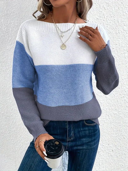 Color Block Round Neck Sweater for Women