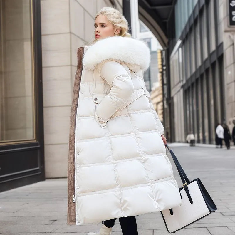 Women's Long Winter Coat Hood Fur Belt
