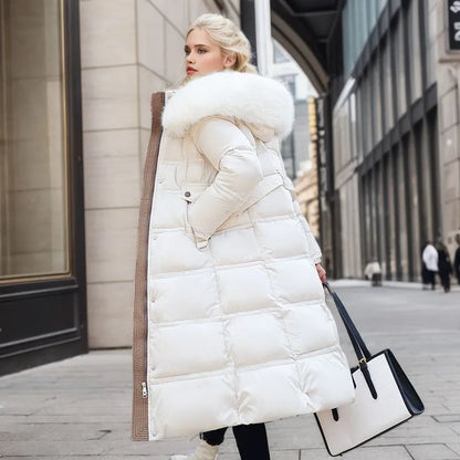 Women's Long Elegant Winter Coat with Fur Trim