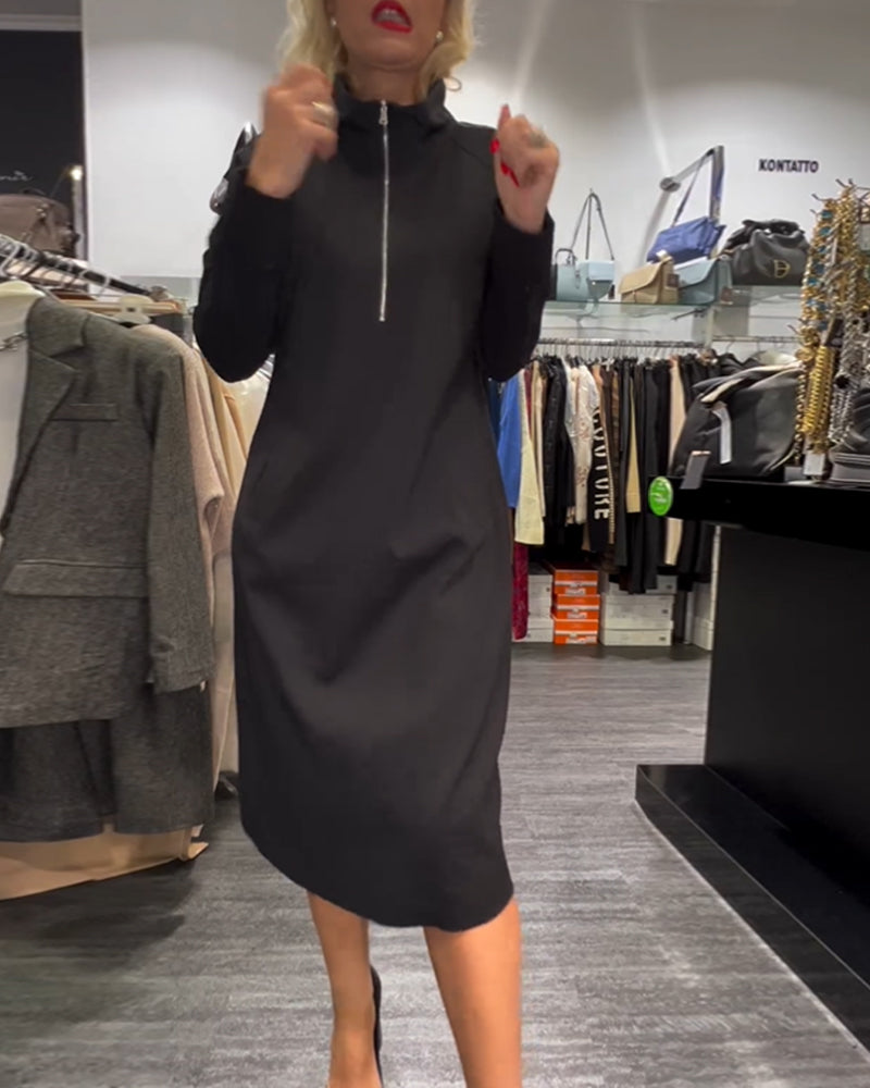 Elegant Dress With Stand-Up Collar And Zipper