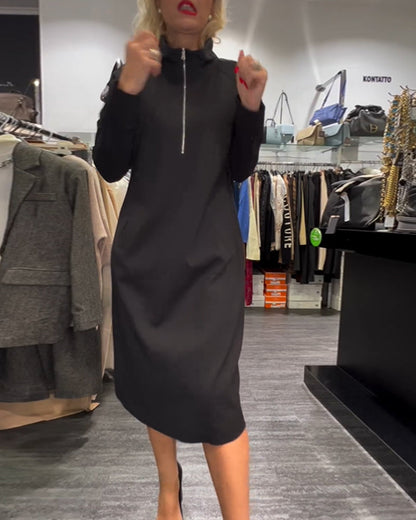 Elegant Dress With Stand-Up Collar And Zipper