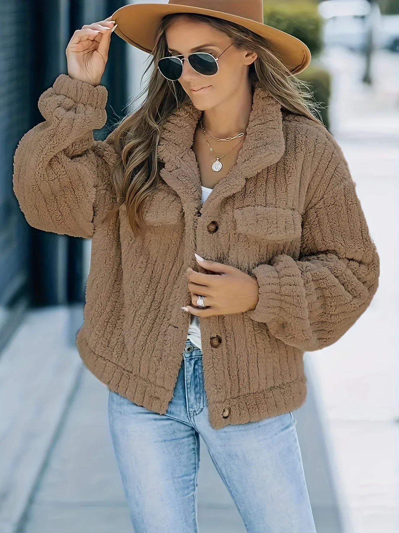 Women's leather coat trucker jacket with fur trim