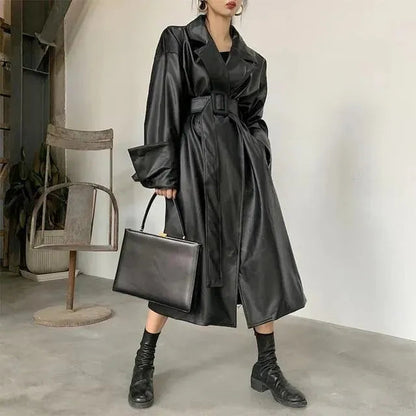 Stylish Women's Black Oversized Leather Trench Coat