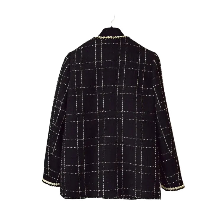 Chic Damenmantel Karo V-Ausschnitt Schwarz Tweed - IdealeKleiden