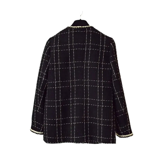 Chic Damenmantel Karo V-Ausschnitt Schwarz Tweed - IdealeKleiden